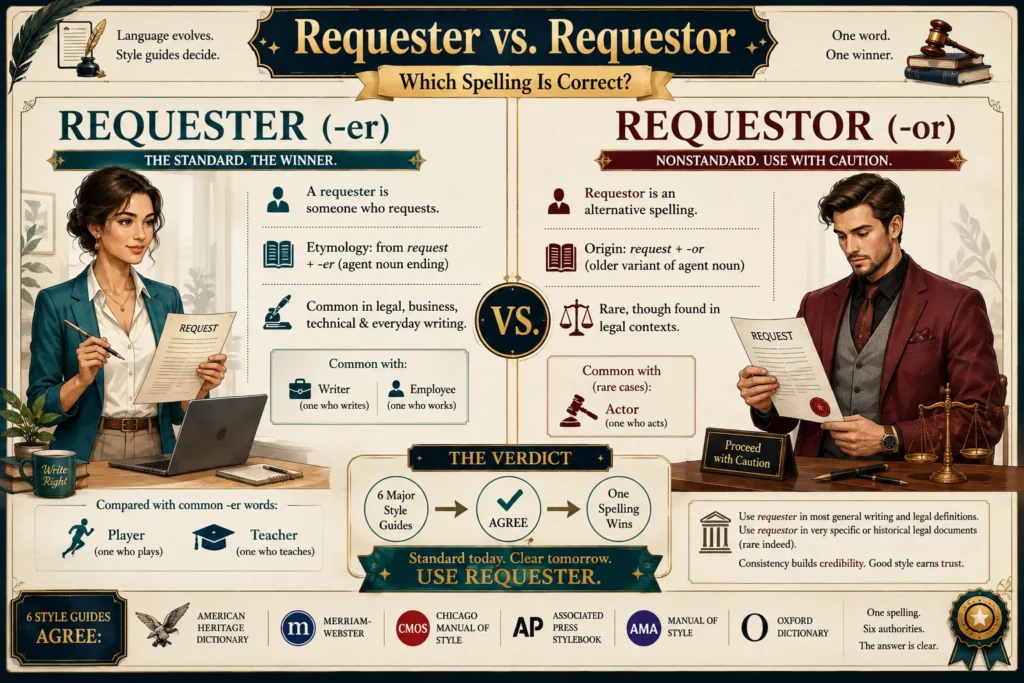 Requester vs. requestor: only one has dictionary and style-guide backing — see the full breakdown below.